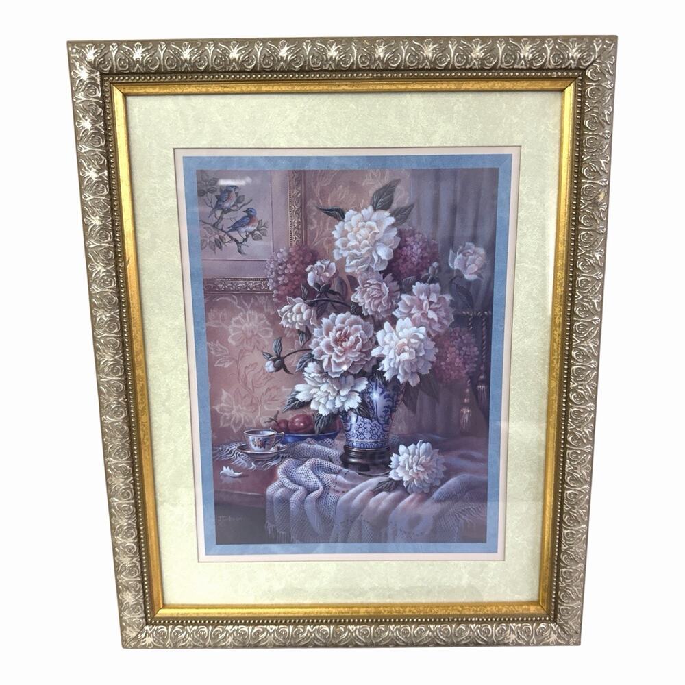 Vintage Home Interiors Framed Pink Blue Floral Print Wall Art Cottagecore 16x13